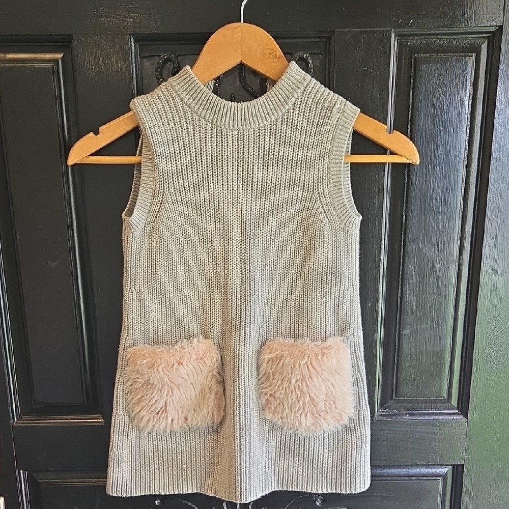 Crewcuts Gray Knit Dress with Faux Fur Pockets